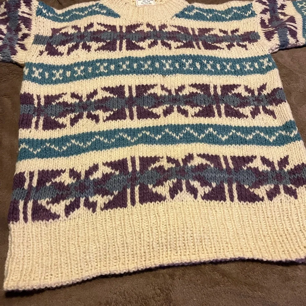 Handmade Wool Sweater with Purple and Blue Accents - Picture 3 of 4